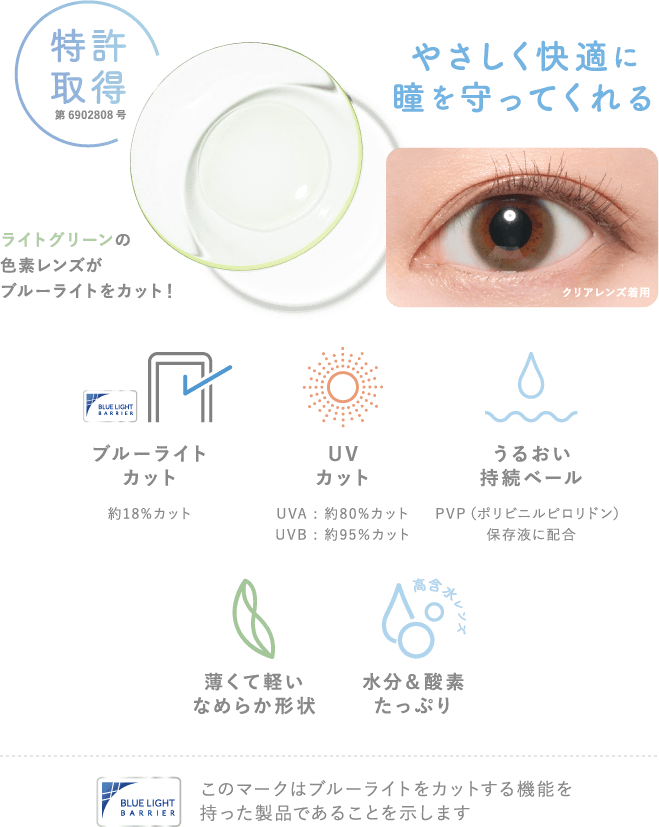 特許取得 やさしく快適に瞳を守ってくれる ライトグリーンの色素レンズがブルーライトをカット！うるおい持続ベール UVカットブルーライトカット